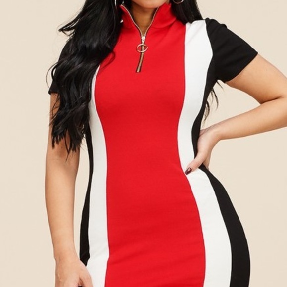 New Red short sleeve solid color block dress - Picture 3 of 6